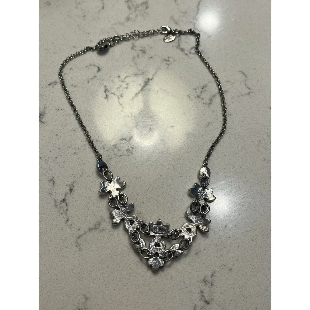 Lia Sophia Silver Floral Statement Necklace White Enamel Crystals Adjustable
